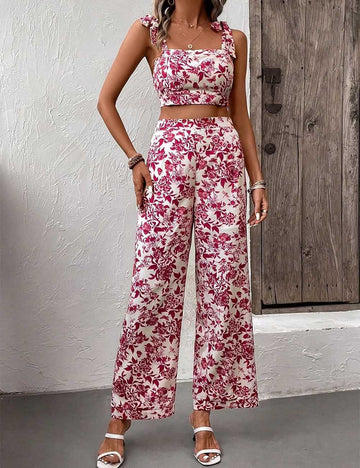 Ladies Floral Print Strap Shoulder Top & Pants Set