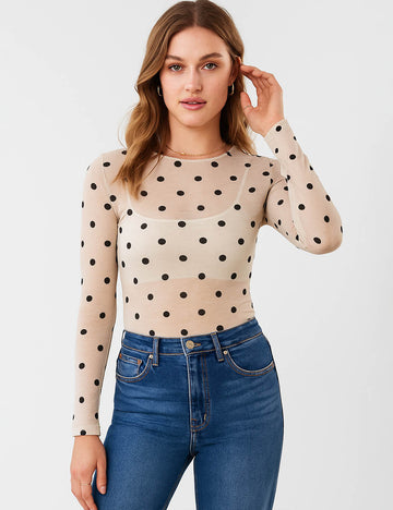 Ladies Polka Dot See Sheer Long Sleeves Layering Top