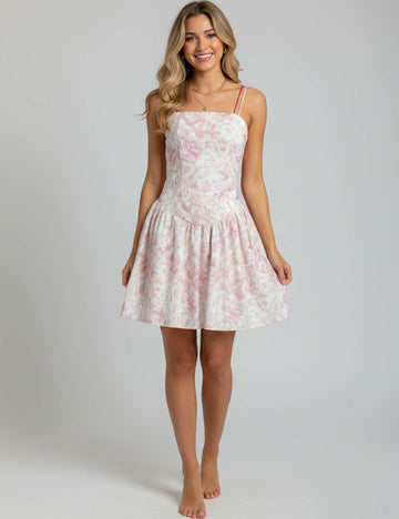 Ladies Floral Print Back Smocked Cami Mini Dress