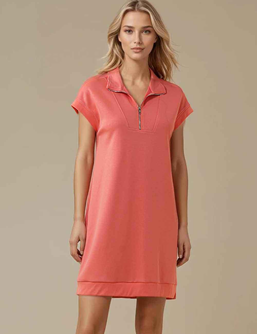 Ladies Solid Color Zipper Short Sleeves Mini Dress