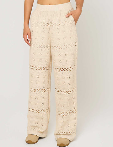 Ladies Embroidery Hollow Out Elastic Waist Straight Leg Pants