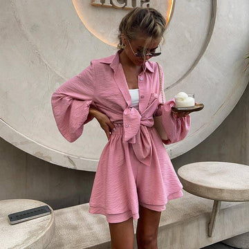 2PCS Solid Color Puff Sleeves Loose Ladies Set HK6095 - SWEETKAMA