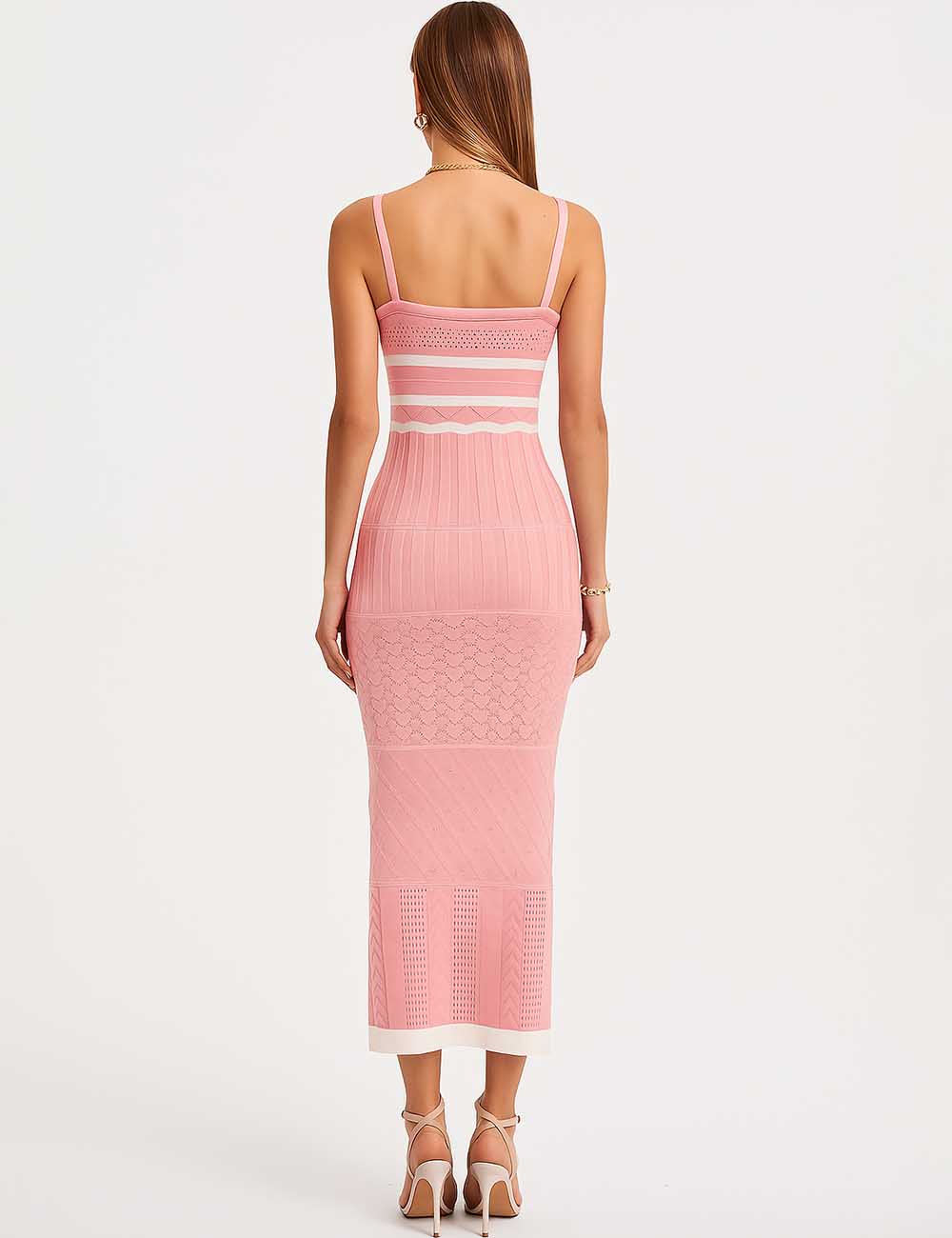 Ladies V-Neck Color Block Side Split Knit Maxi Dress