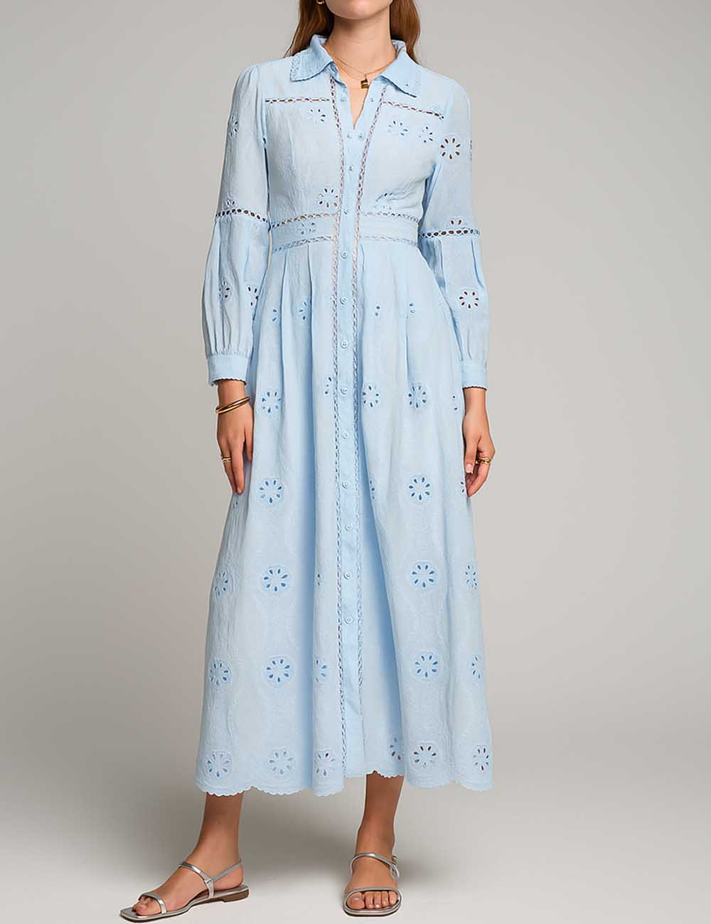 Ladies Hollow Out Button Down Long Sleeves Maxi Dress