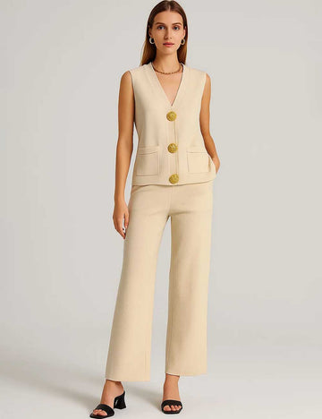 Ladies Solid Color V-Neck Button Knit Vest & Pants 2PCS Set