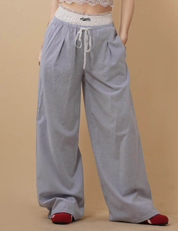 Ladies Elastic Waist Lace Fake 2PC Striped Pants 8SKP51345