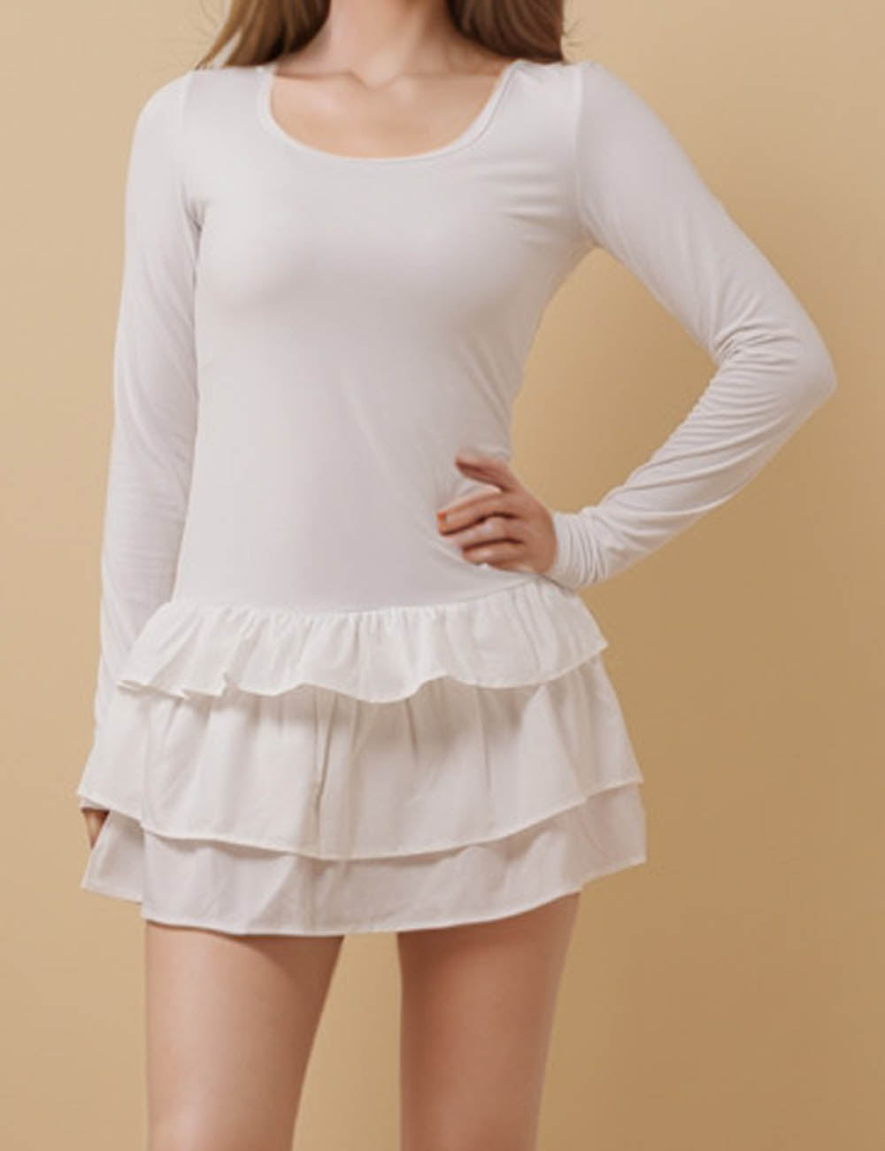 Ladies Round Neck Long Sleeves Ruffle Mini Dress 8SKD51331