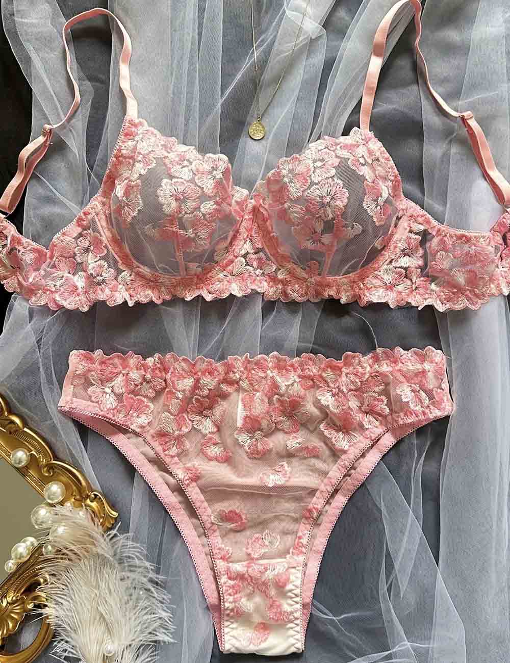 Ladies Floral Embroidery See Through 2PCS Lingerie Set 8HF4113