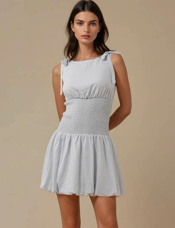 Ladies Strape Tie Shoulder Sleeveless Puff Mini Dress SKD5M22