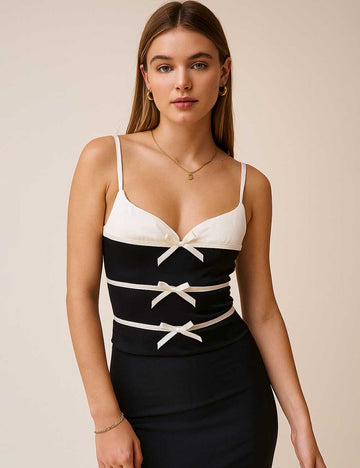 Ladies Contrast Panel Bow Sleeveless String Shoulder Corset Top