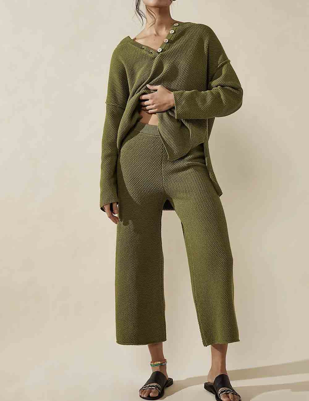 Ladies V-Neck Buttton Long Sleeves Waffle Top & Pants Sweater Set