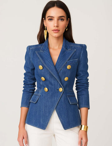 Ladies Peaked Lapel Double-Breast Denim Blazer