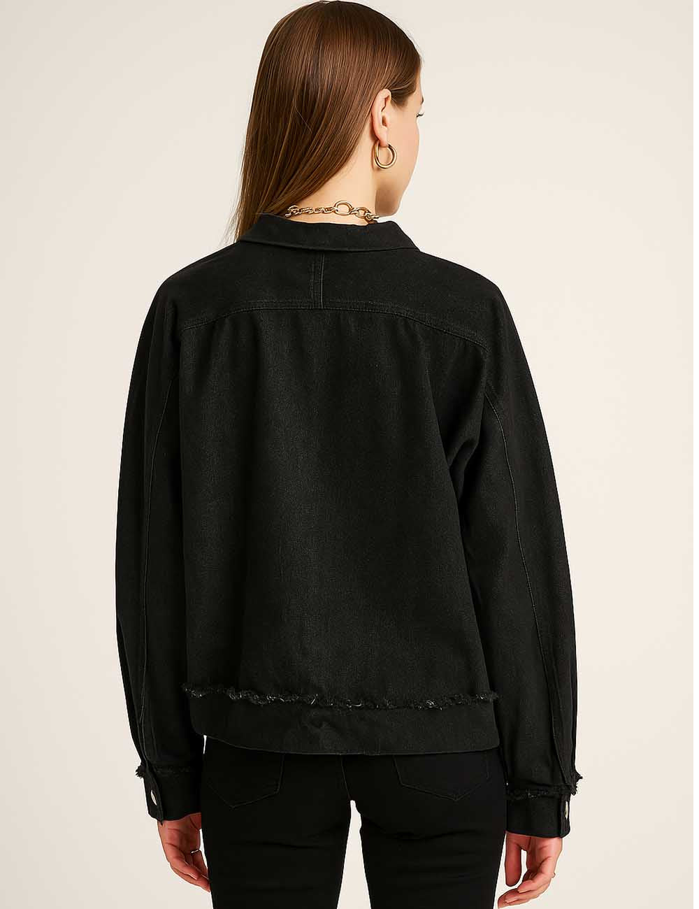 Ladies Zipper Collar Frayed Edge Long Sleeves Denim Jacket