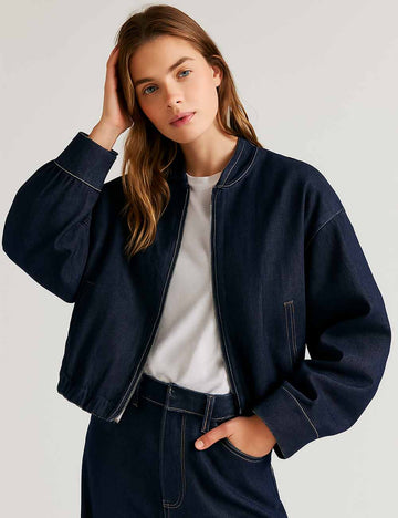 Ladies Baseball Collar Topstitching Denim Bomber Jacket