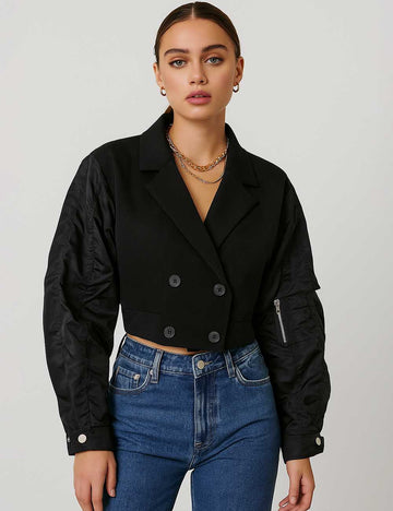Ladies Double Breasted Cropped Hybrid Bomber Blazer Jacket