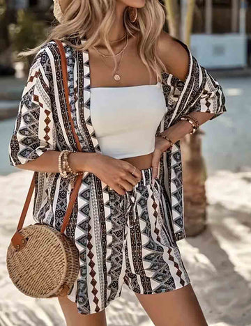 Ladies Geometric Print Short Sleeves Top & Shorts Set