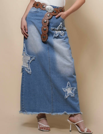 Ladies Back Slit Star Denim Maxi Skirt SKS50113