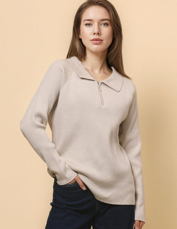 Ladies Solid Color Turndown Collar Rib Pullover Sweater SKT4793