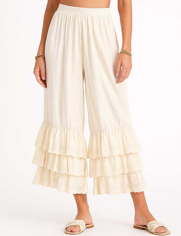 Ladies Solid Color Elastic Waist Pull -On Tiered Ruffle Pants