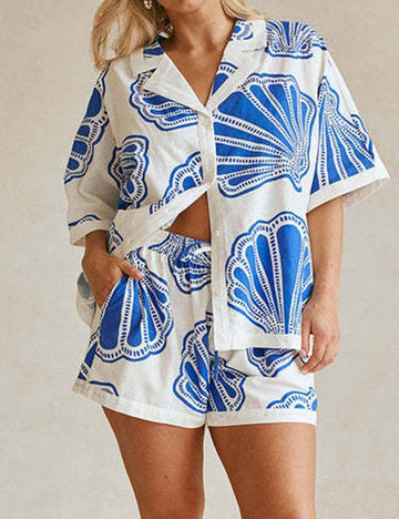 Ladies Linen Blend Seashell Print Short Sleeves Shirt & Shorts 2PCS Set