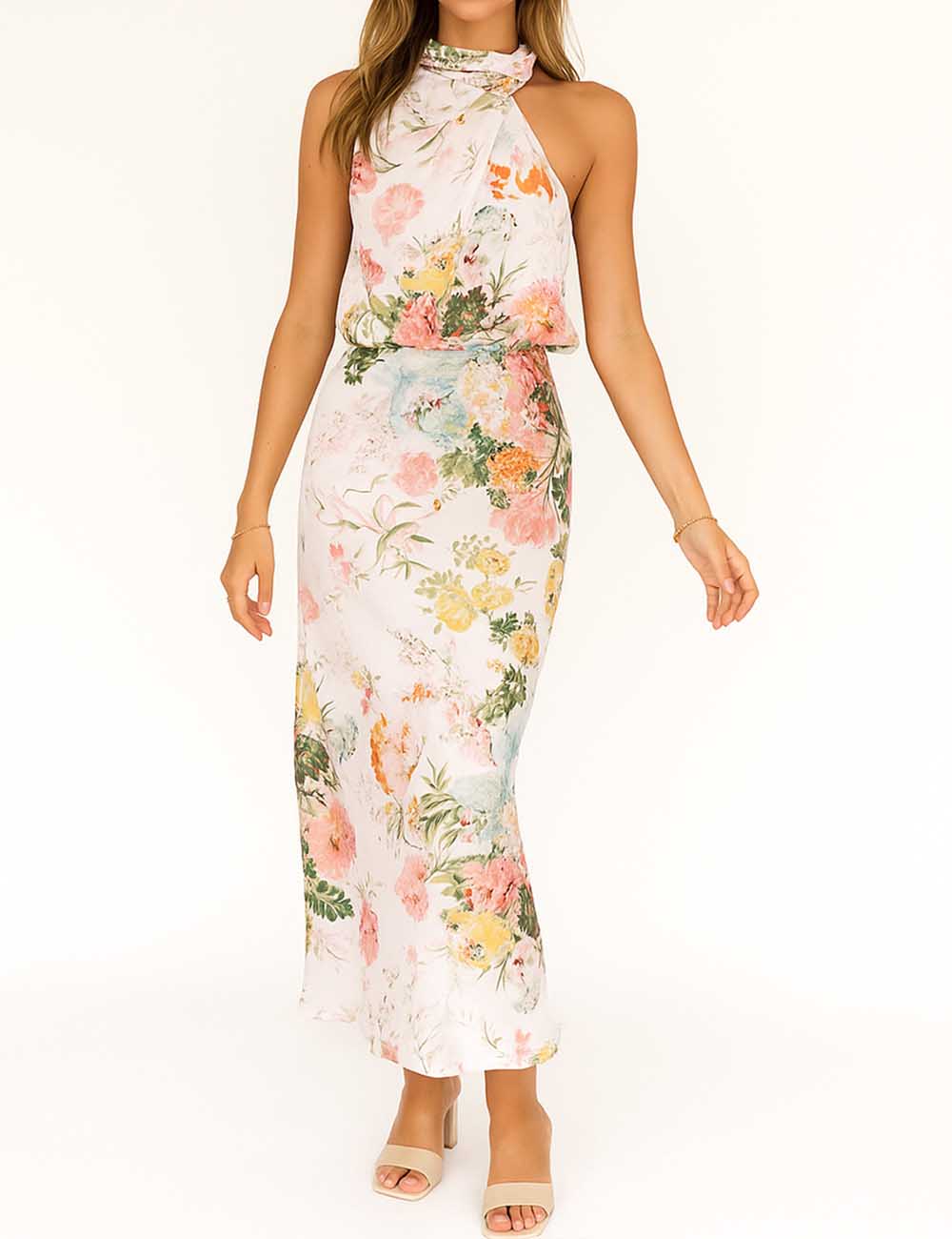 Ladies Flower Print Satin Mock Neck Ruched Maxi Dress