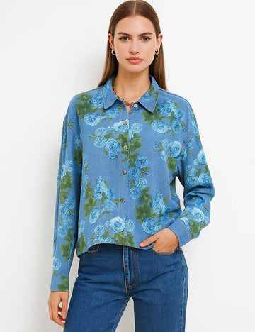 Ladies Multicolor Floral Print Button Down Denim Shirt