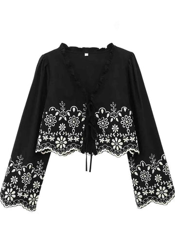 Ladies V-Neck Eyelet Embroidery String Tie Long Sleeves Blouse