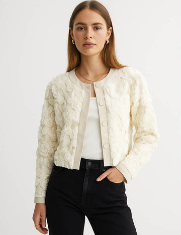 Ladies Solid Color 3D Floral Embroidery Button Down Jacket