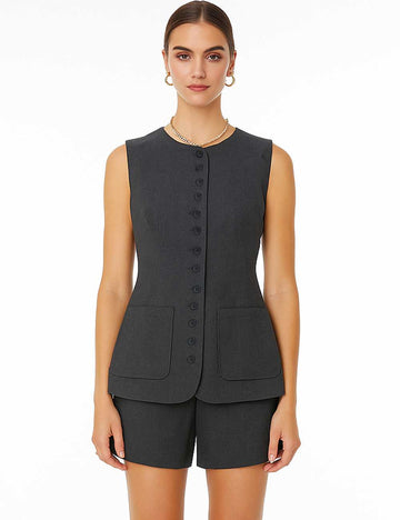 Ladies Round Neck Button Front Sleeveless Suit Vest