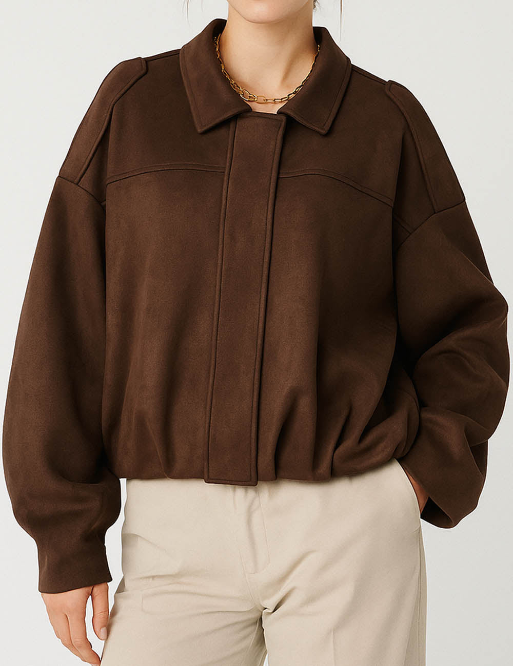 Ladies Faux Suede Shirt Collar Zip-Up Cropped Jacket