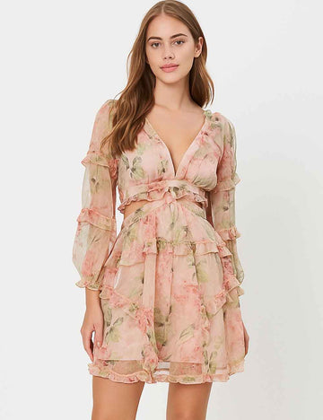 Ladies Floral Print Ruffle Trim Long Sleeves Mini Dress