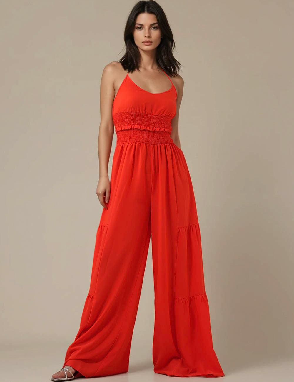 Ladies Halter Overall Elastic Waist Wide Leg Jumpsuit SKJ5KC901