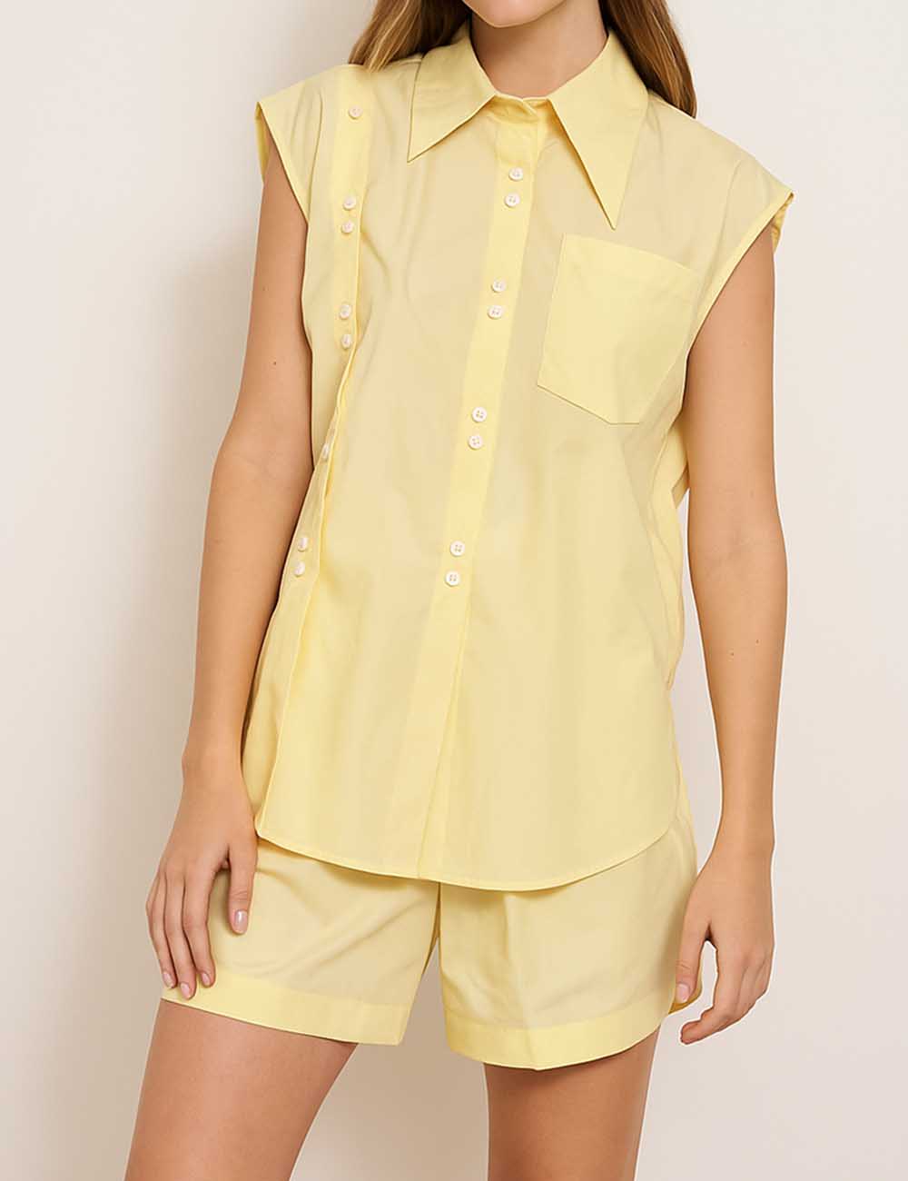 Ladies Button Down Sleeveless Wide Leg Shirt & Shorts Set