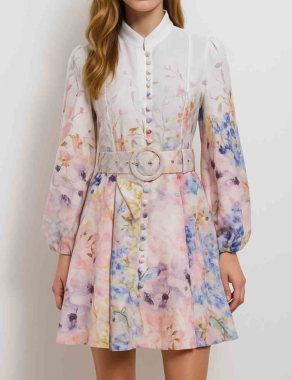 Ladies Elegant Floral Print Waist Belt Mini Dress SKD4966