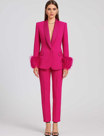 Ladies Solid Color Rhinestone Ostrich Fringe Blazer & Pants Suit