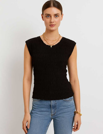 Ladies Solid Color Wrinkle Round Neck Sleeveless Tank Top