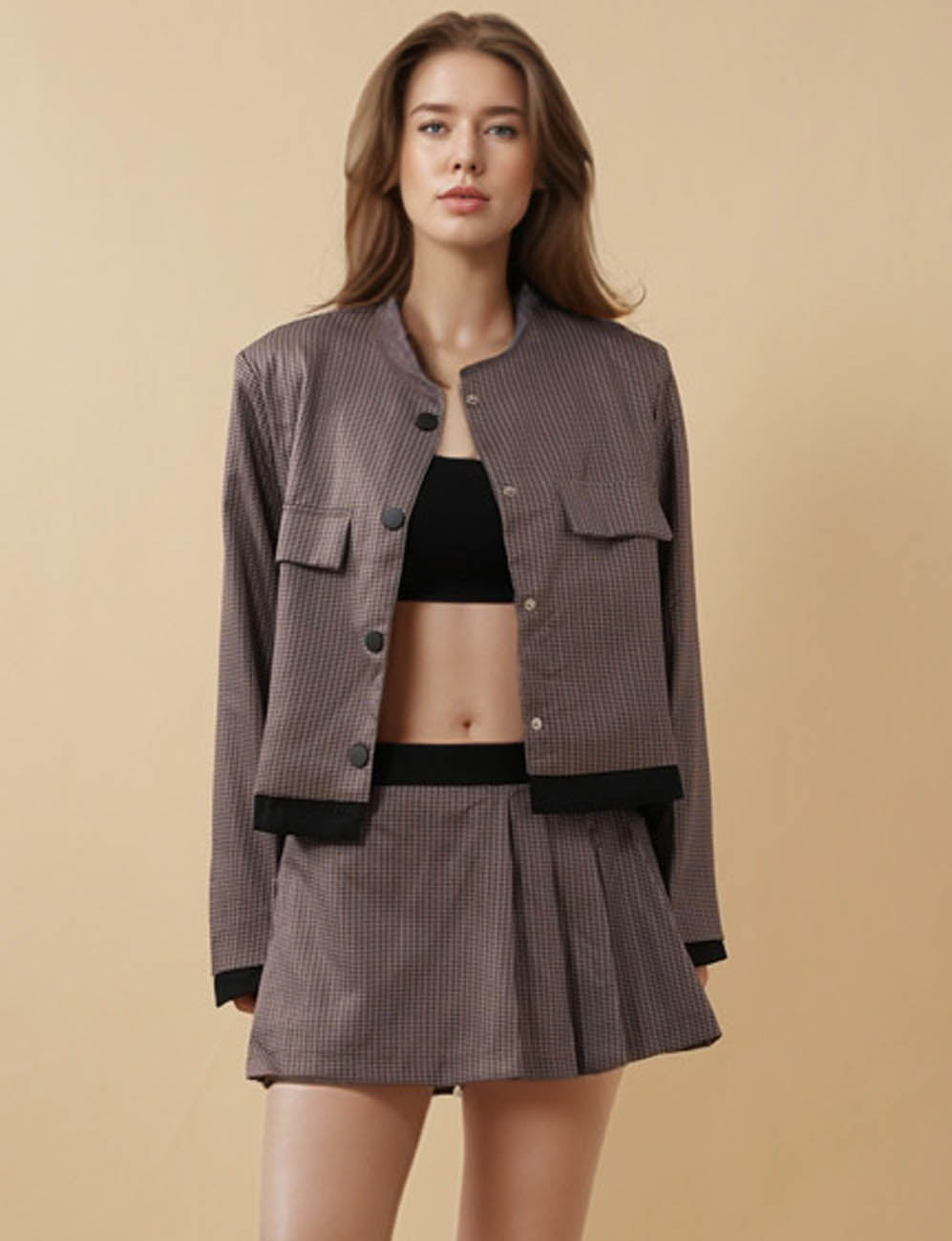 Ladies Round Neck Cropped Checked Blazert Skort 2PCS 8SKST51362