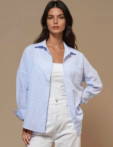 Ladies Stripe Color Block Top Lapel Shirt SKT50589