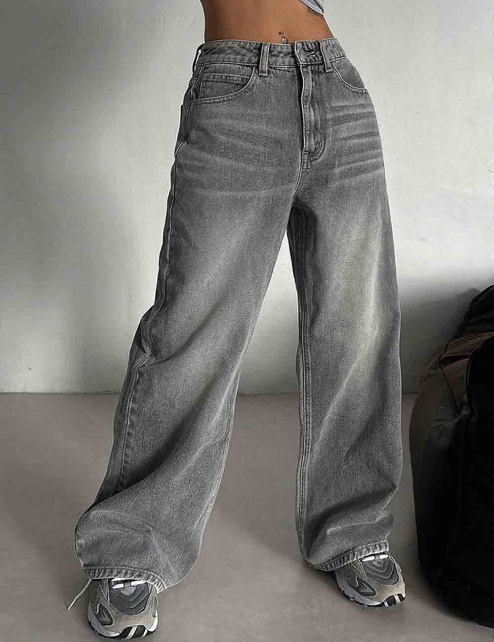 Ladies Button Pocket Wide Leg Denim Pants