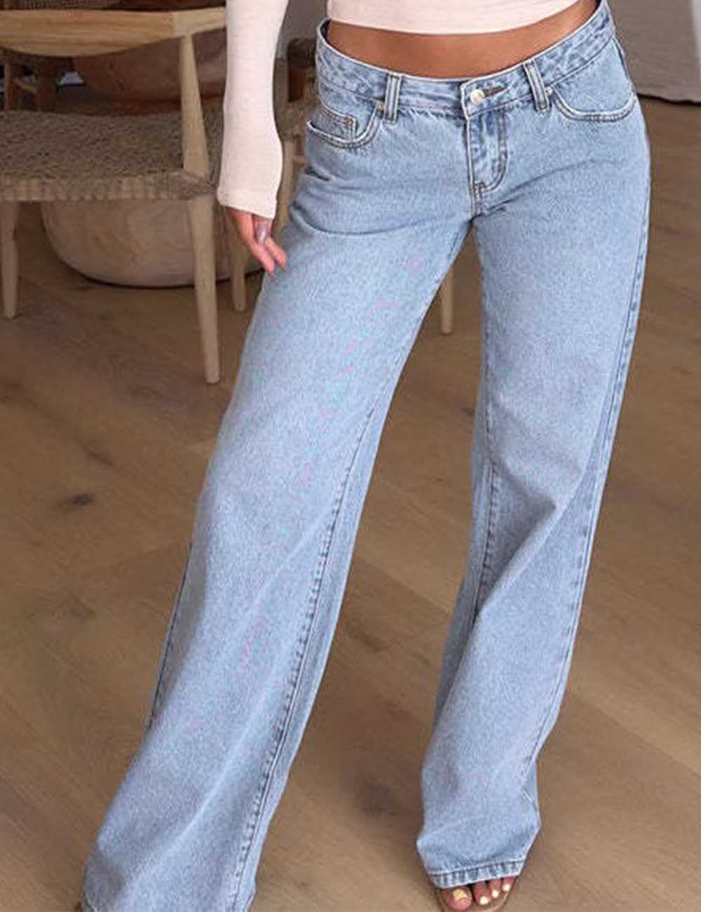 Ladies Button Pocket Straight Leg Denim Pants