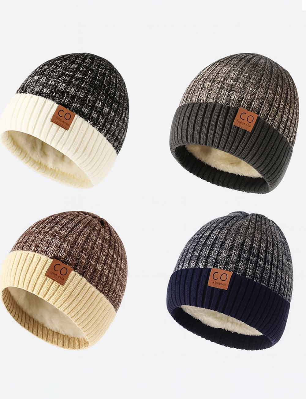 Ladies Cozy Fleece Lining Patch Folded Hem Knit Hat