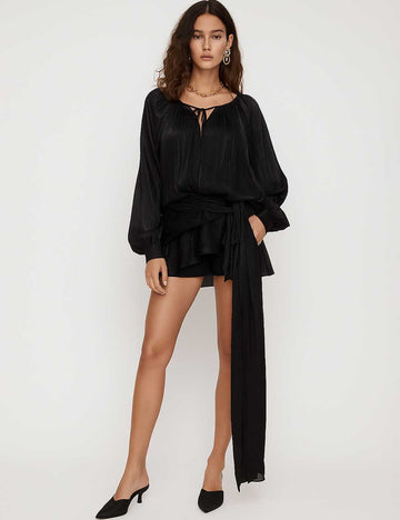 Ladies Round Neck Long Sleeves String Tie Blouse & Shorts Set