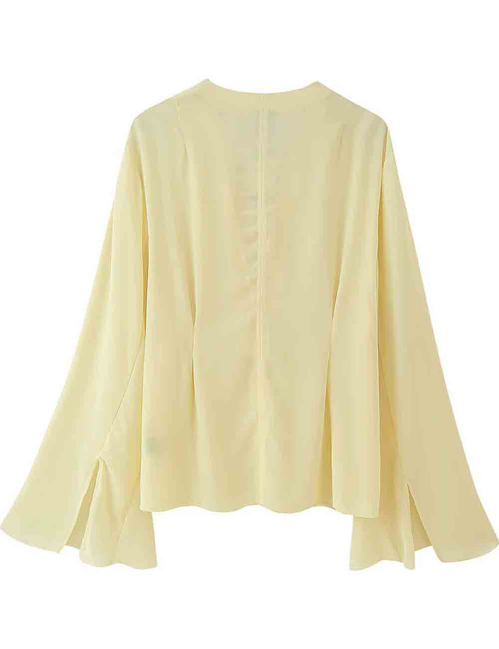 Ladies Solid Color V-Neck Tie Flared Long Sleeves Mesh Blouse