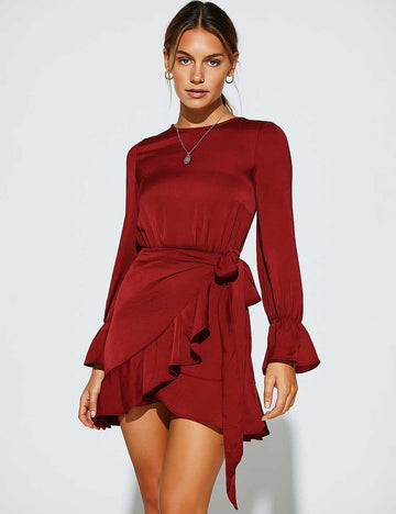 Ladies Stain Wrap Tie Ruffle Hem Back Cut-Out Mini Dress