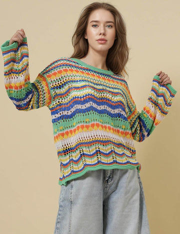 Ladie Round Neck Hollow Out Striped Sweater SKT50151
