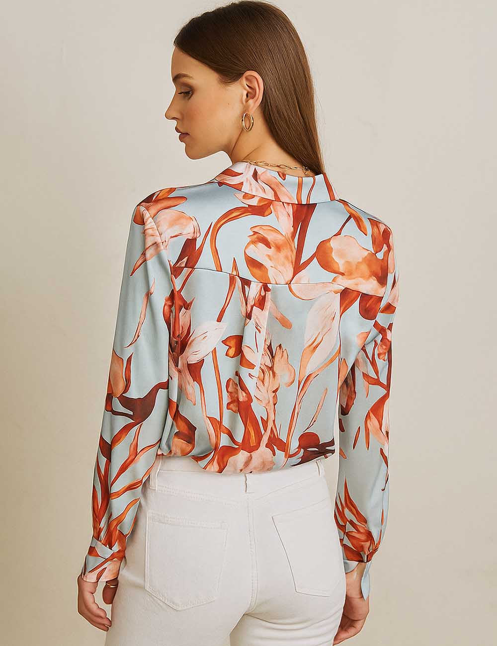 Ladies Multicolor Print Button Down Long Sleeves Shirt