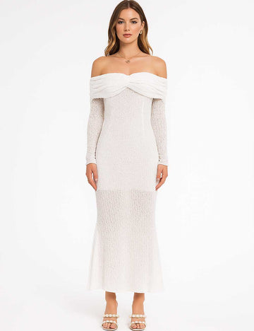 Women Off-Shoulder Solid Color Wrinkle Knit Maxi Dress