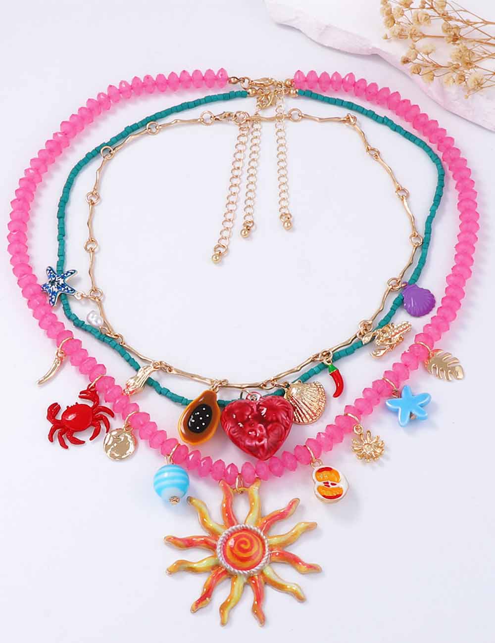 Ladies Boho Colorful 3PCS Layer Sun Face Pendant Necklace