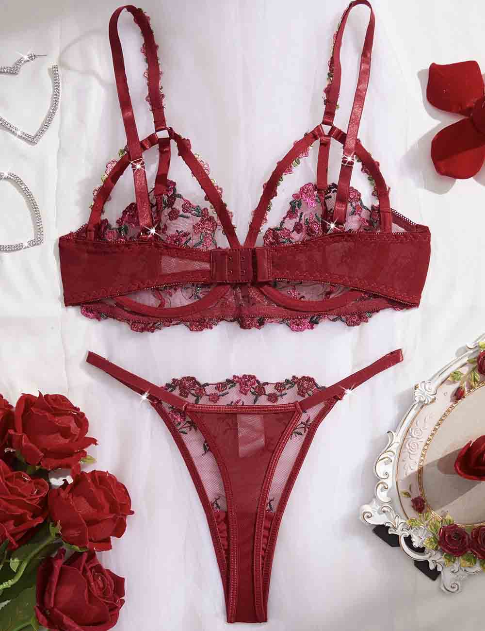 Ladies Floral Embroidery See Through 2PCS Lingerie Set 8XX0226