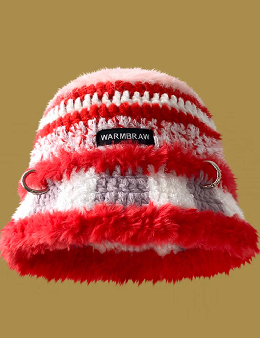 Ladies Colorful Ring Patch Plush Trim Knit Hat